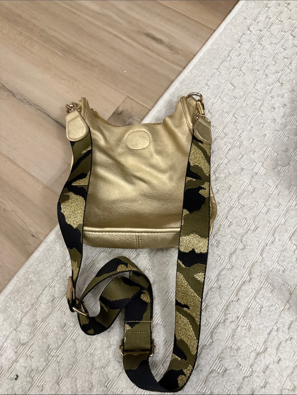 Gold Crossbody Bag with Camouflage Strap